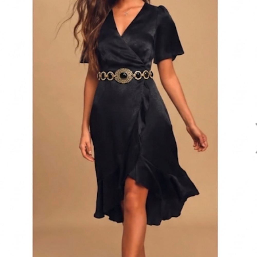 Lulus Black V-Neck Wrap Dress With Ruffle Large NWT
